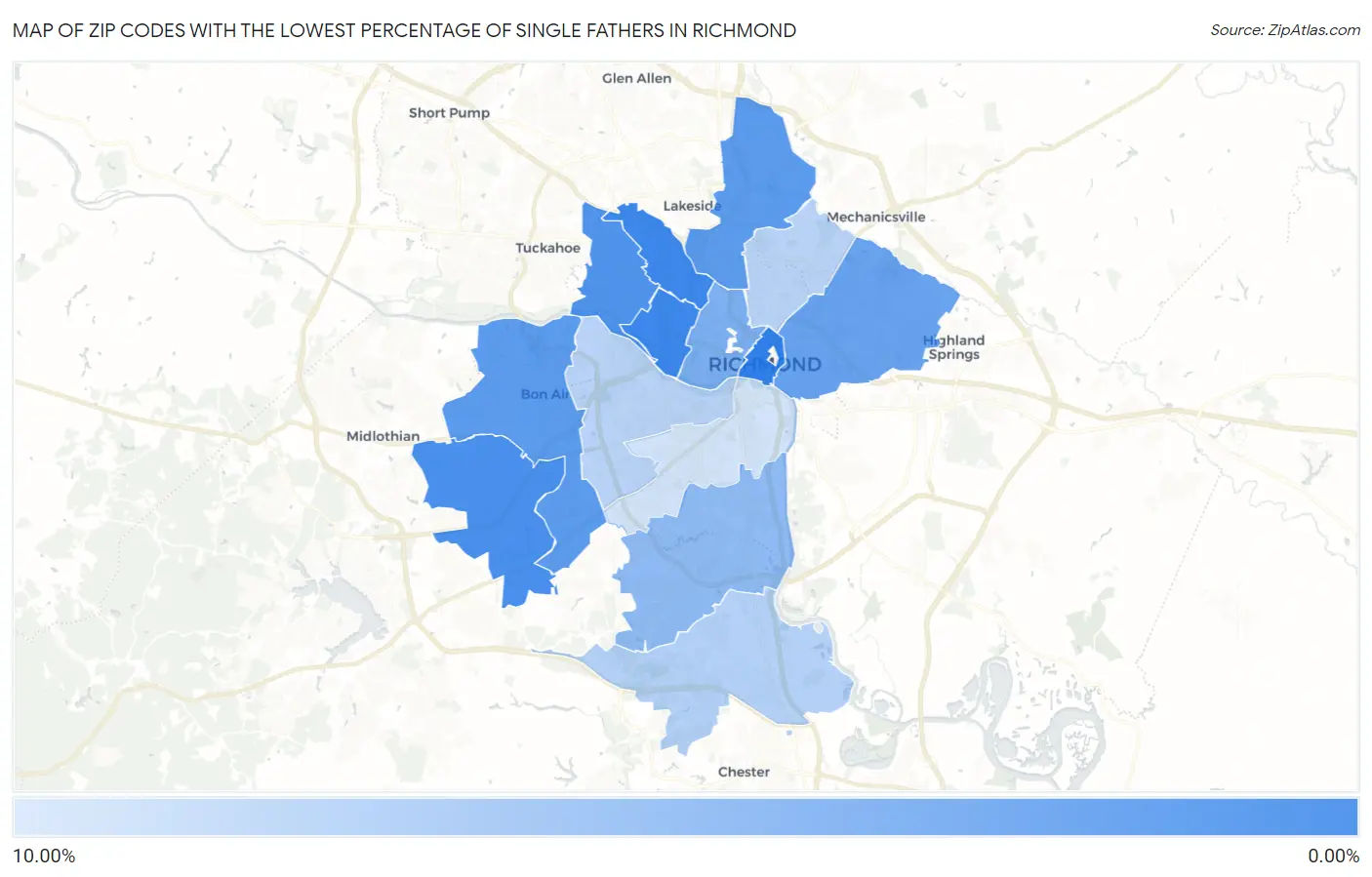 Zip Codes with the Lowest Percentage of Single Fathers in Richmond Map