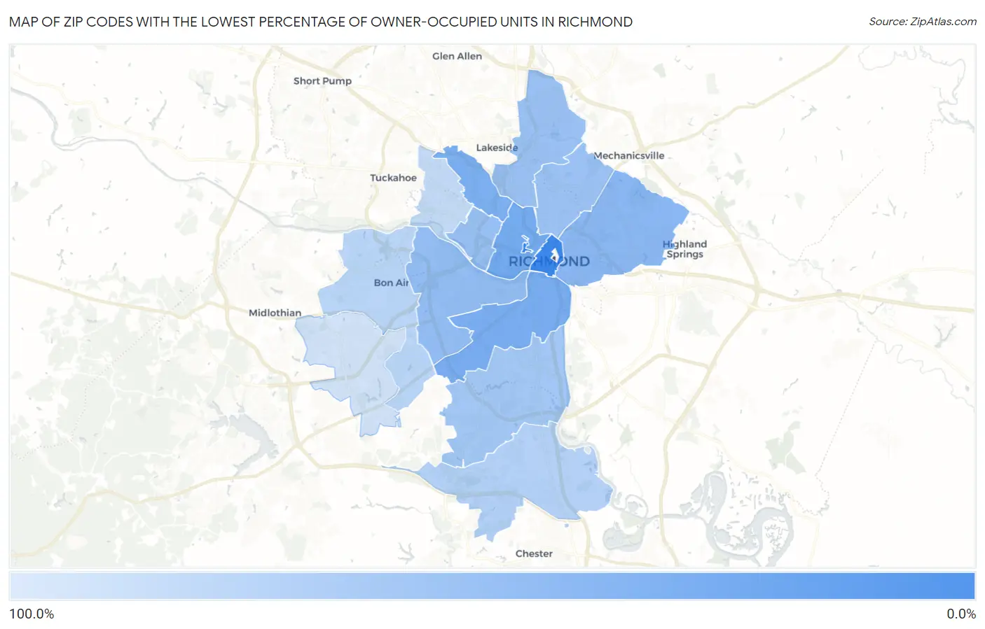 Zip Codes with the Lowest Percentage of Owner-Occupied Units in Richmond Map