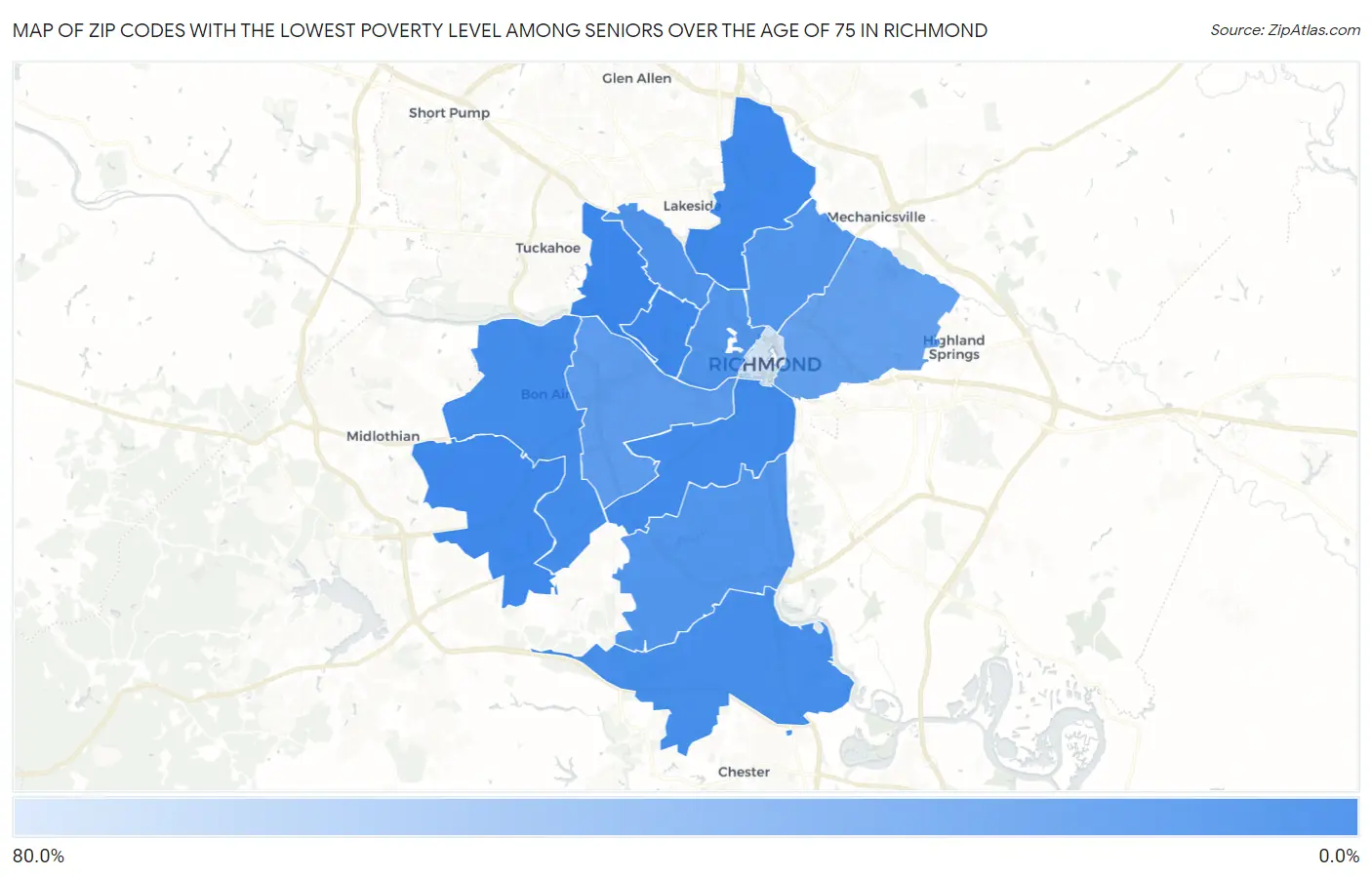 Zip Codes with the Lowest Poverty Level Among Seniors Over the Age of 75 in Richmond Map