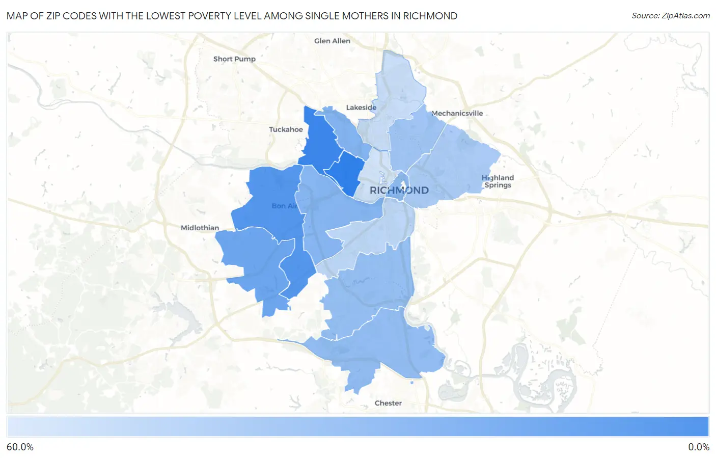 Zip Codes with the Lowest Poverty Level Among Single Mothers in Richmond Map