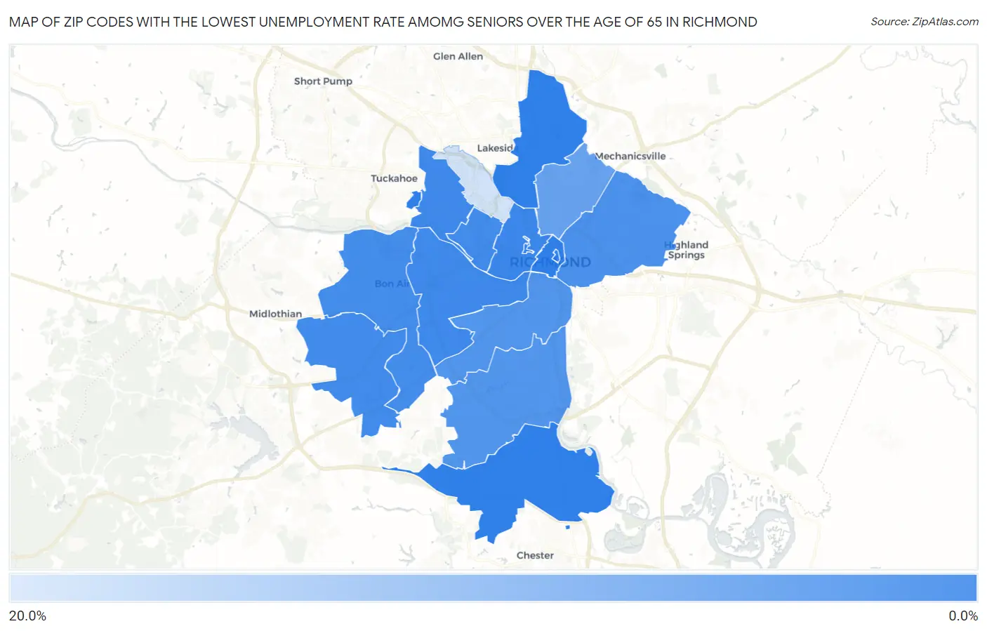 Zip Codes with the Lowest Unemployment Rate Amomg Seniors Over the Age of 65 in Richmond Map