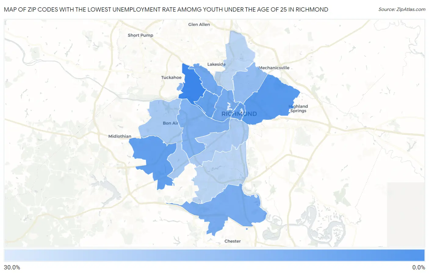 Zip Codes with the Lowest Unemployment Rate Amomg Youth Under the Age of 25 in Richmond Map