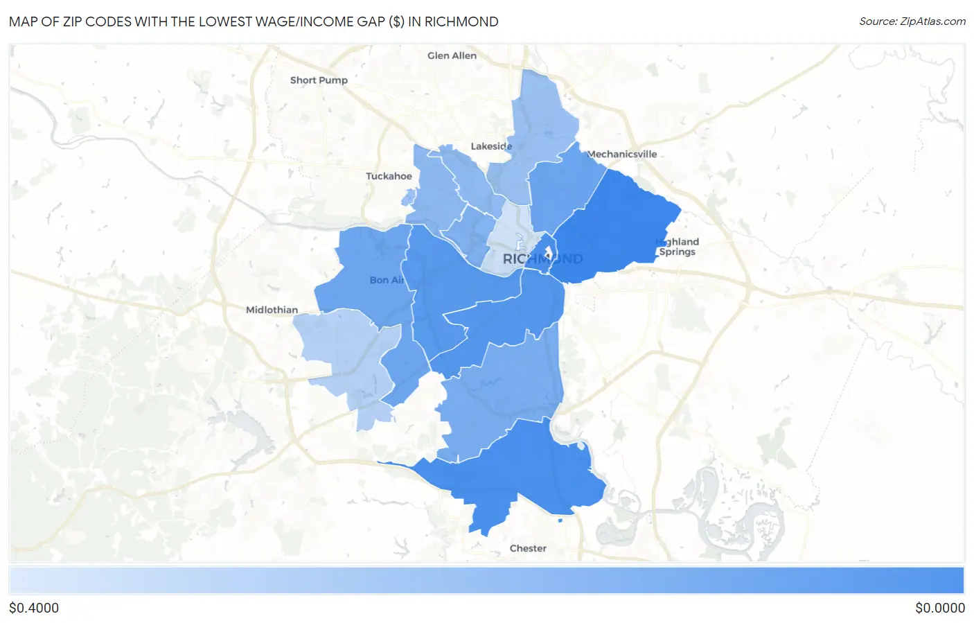 Zip Codes with the Lowest Wage/Income Gap ($) in Richmond Map