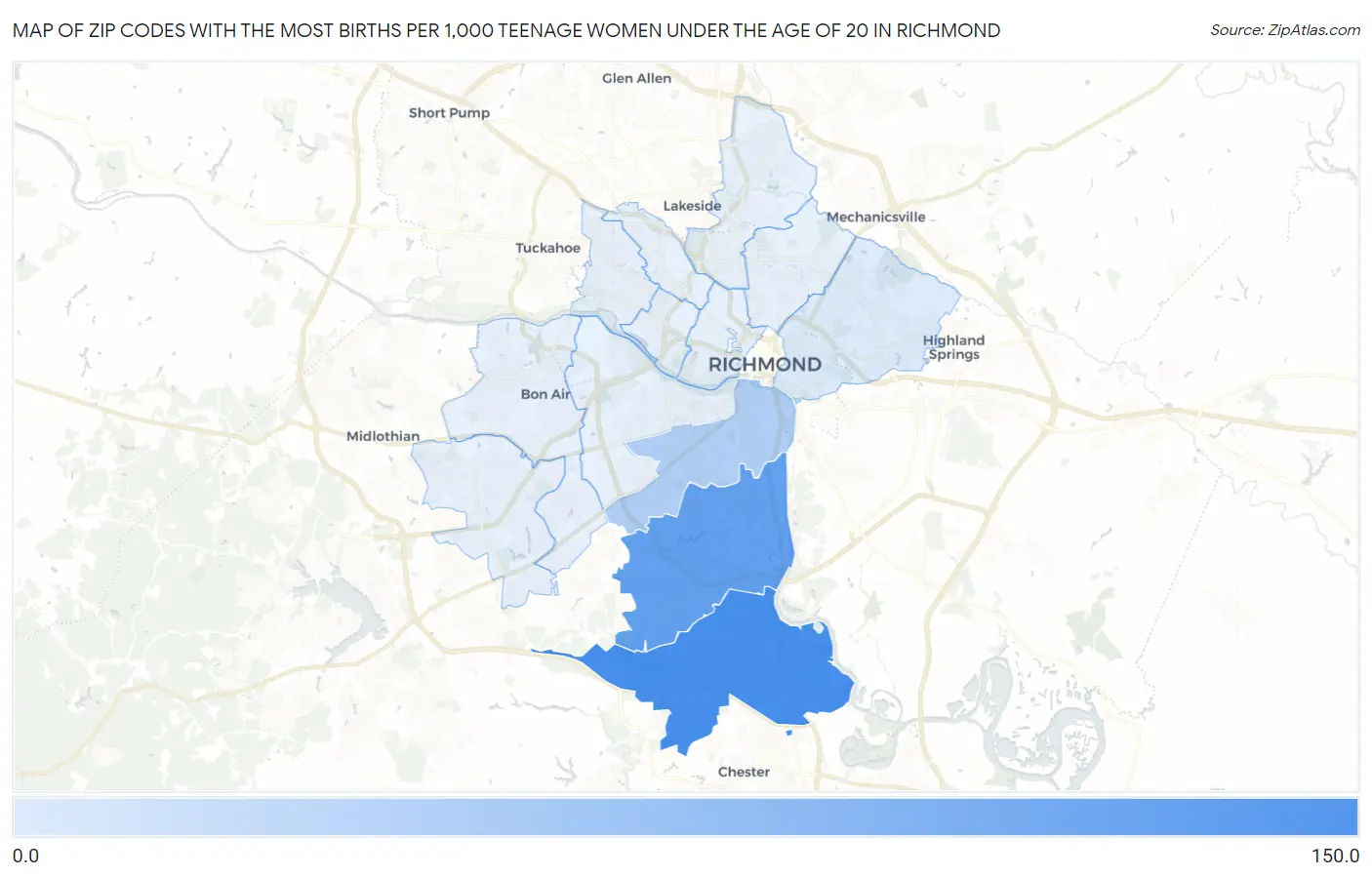Zip Codes with the Most Births per 1,000 Teenage Women Under the Age of 20 in Richmond Map