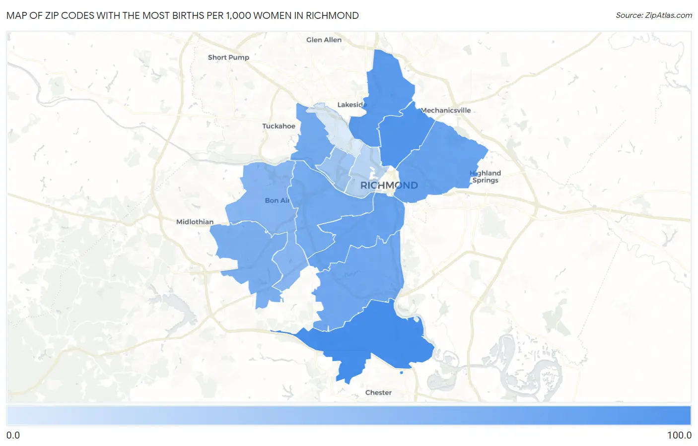 Zip Codes with the Most Births per 1,000 Women in Richmond Map