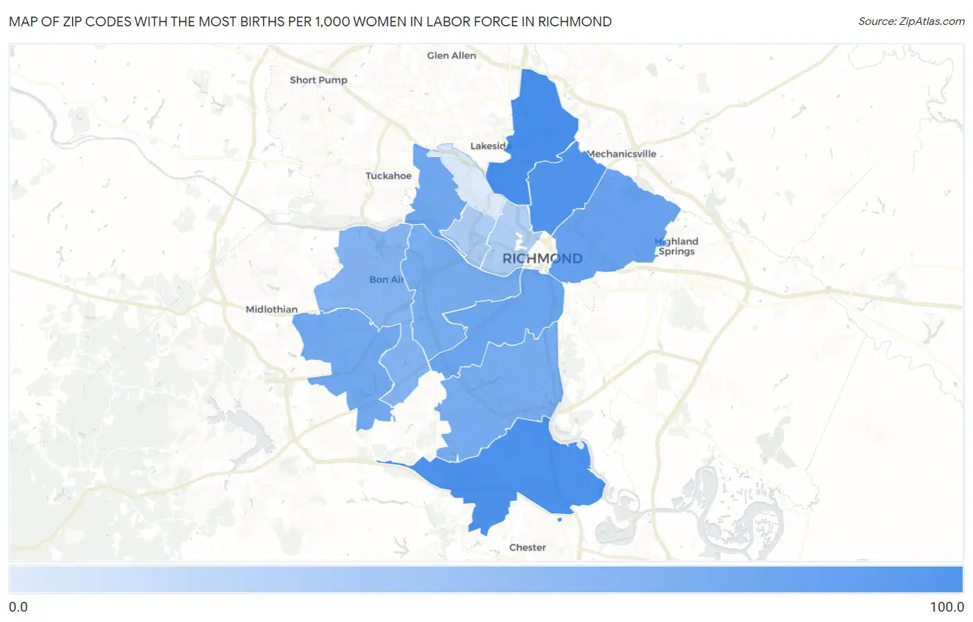 Zip Codes with the Most Births per 1,000 Women in Labor Force in Richmond Map