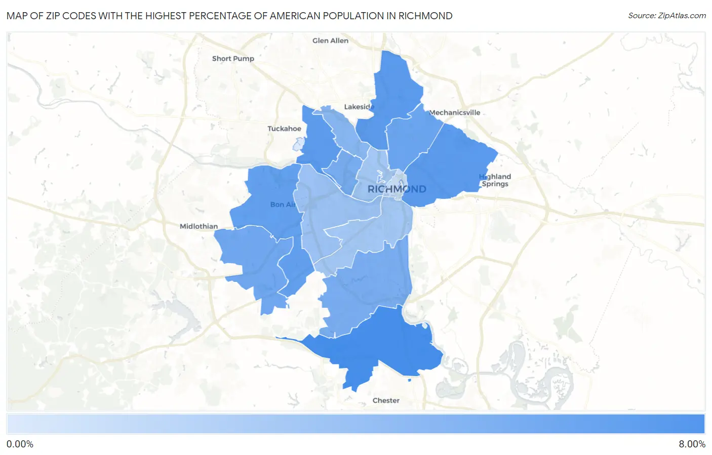 Zip Codes with the Highest Percentage of American Population in Richmond Map