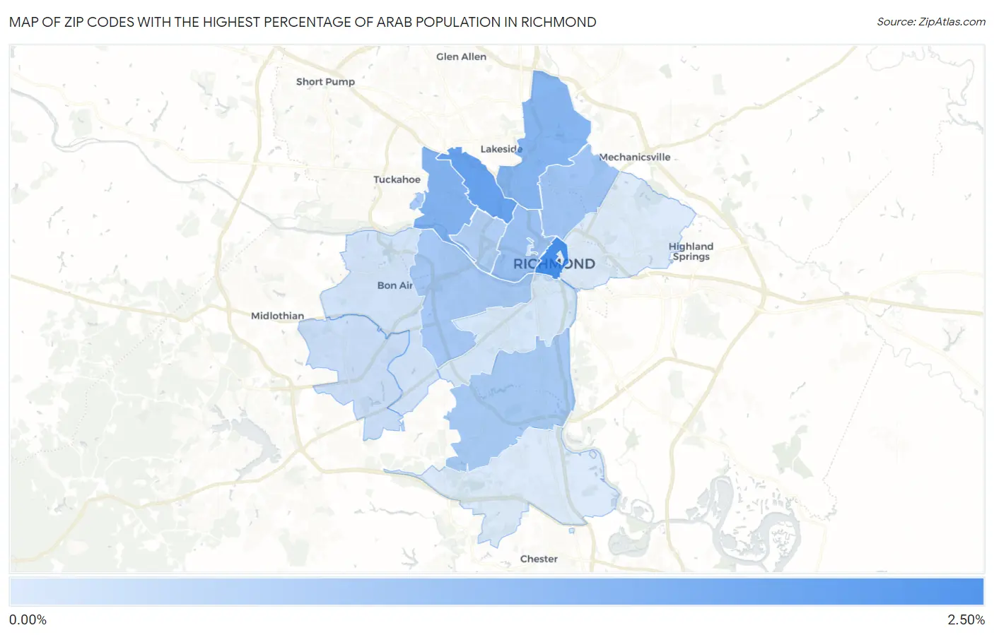 Zip Codes with the Highest Percentage of Arab Population in Richmond Map