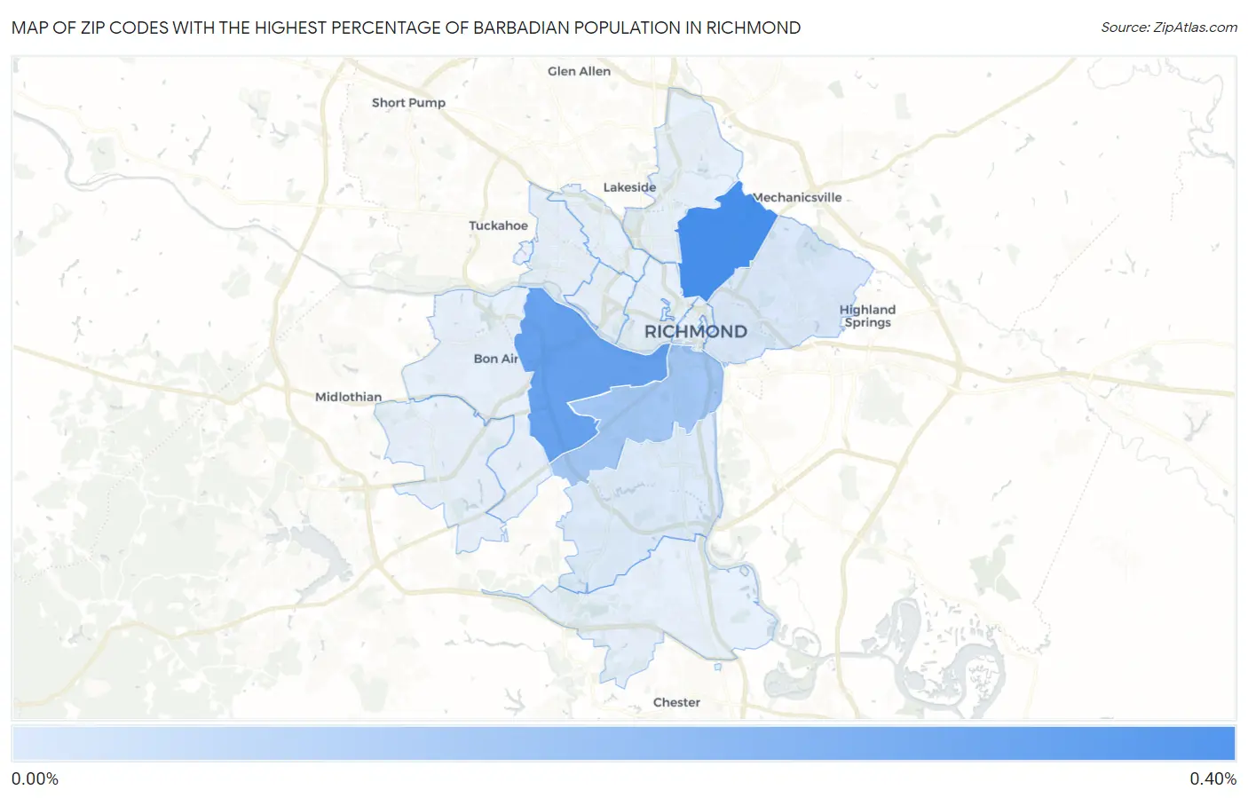 Zip Codes with the Highest Percentage of Barbadian Population in Richmond Map