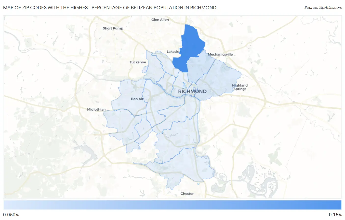 Zip Codes with the Highest Percentage of Belizean Population in Richmond Map