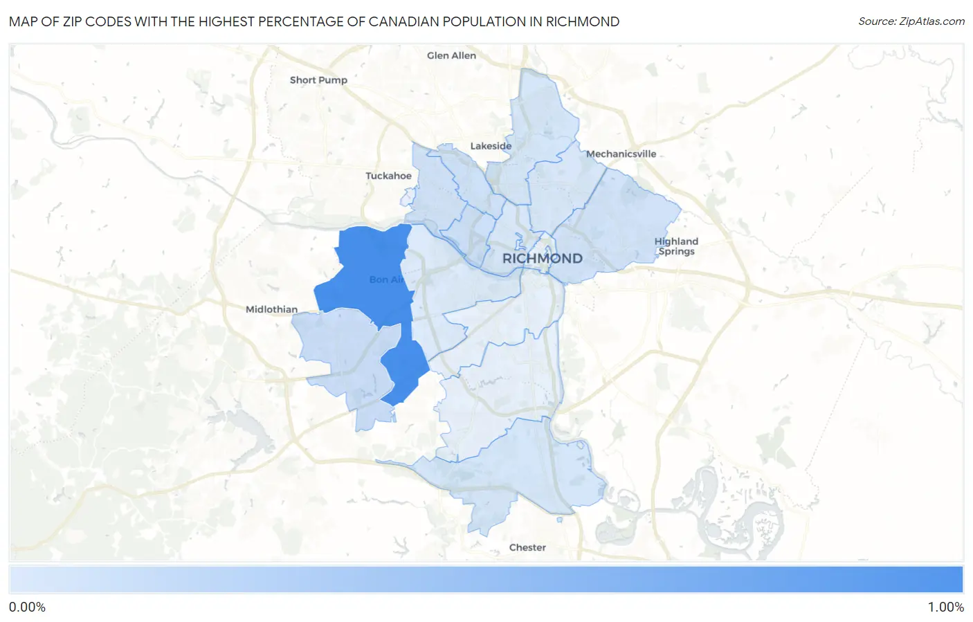 Zip Codes with the Highest Percentage of Canadian Population in Richmond Map