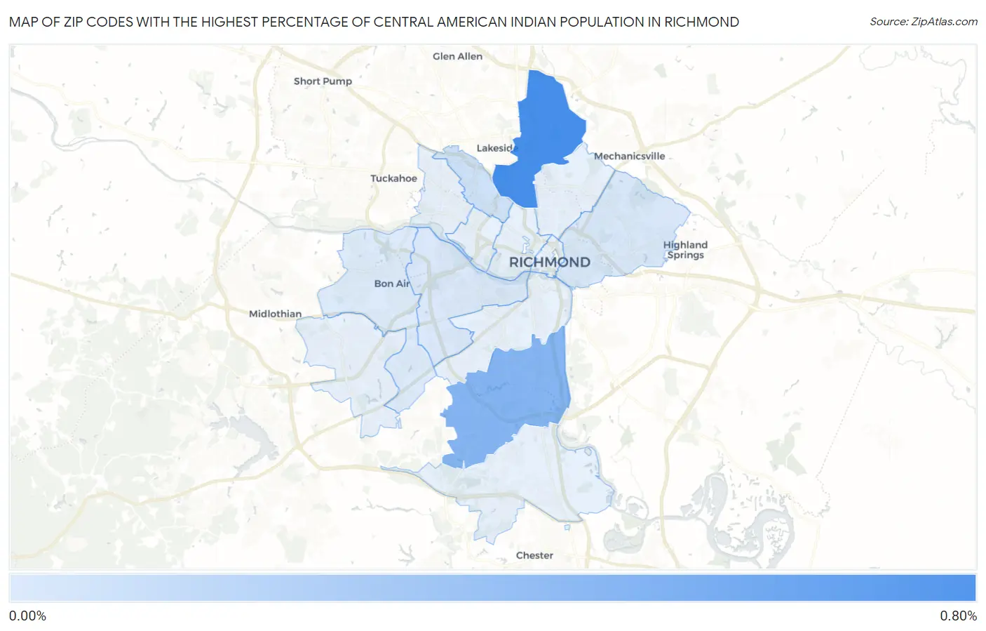 Zip Codes with the Highest Percentage of Central American Indian Population in Richmond Map