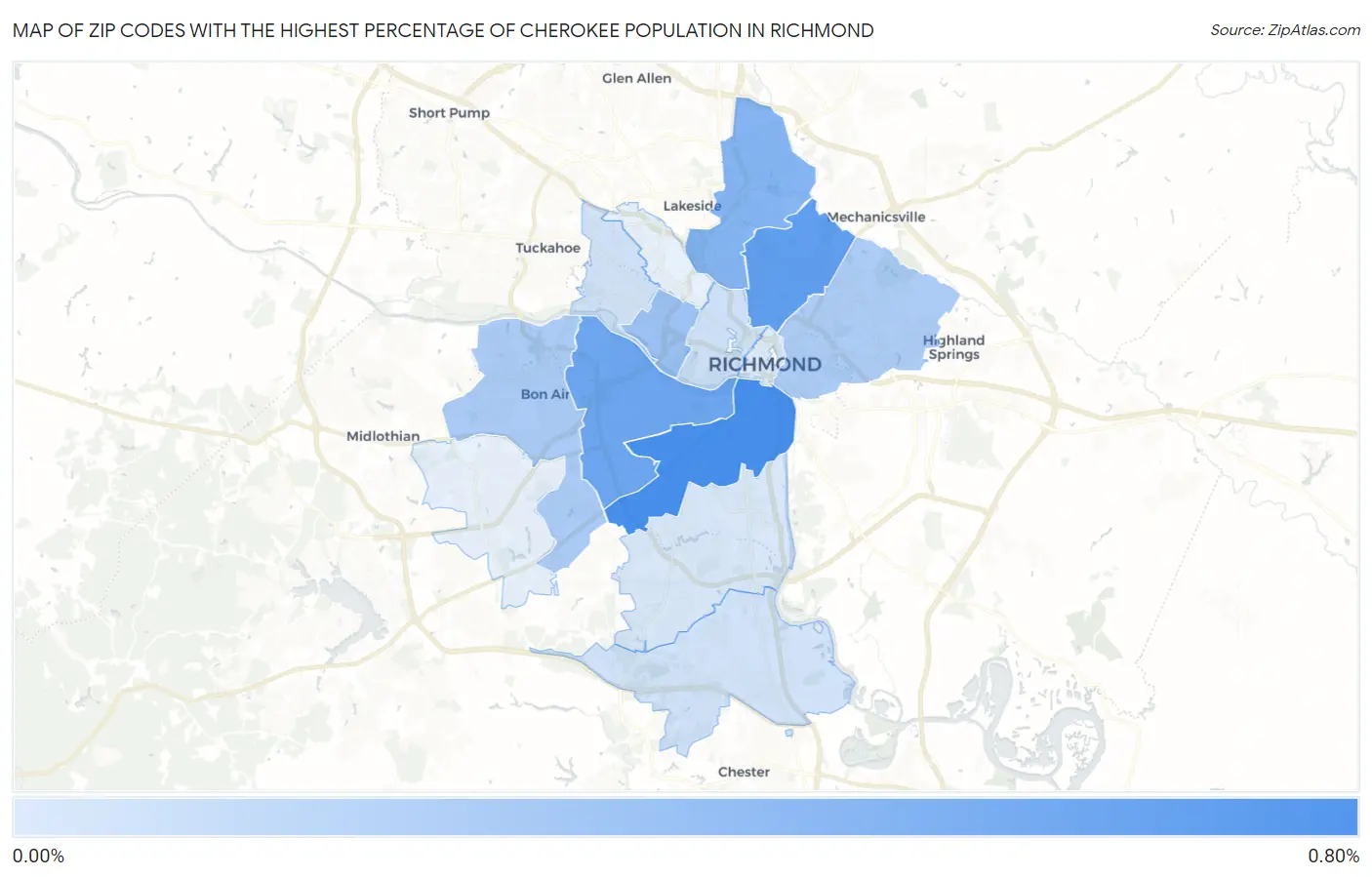 Zip Codes with the Highest Percentage of Cherokee Population in Richmond Map