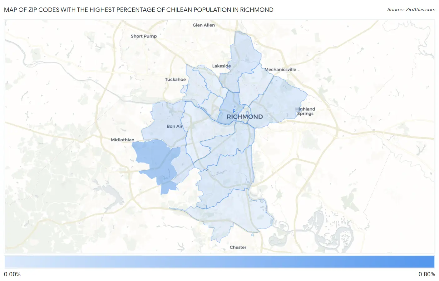 Zip Codes with the Highest Percentage of Chilean Population in Richmond Map