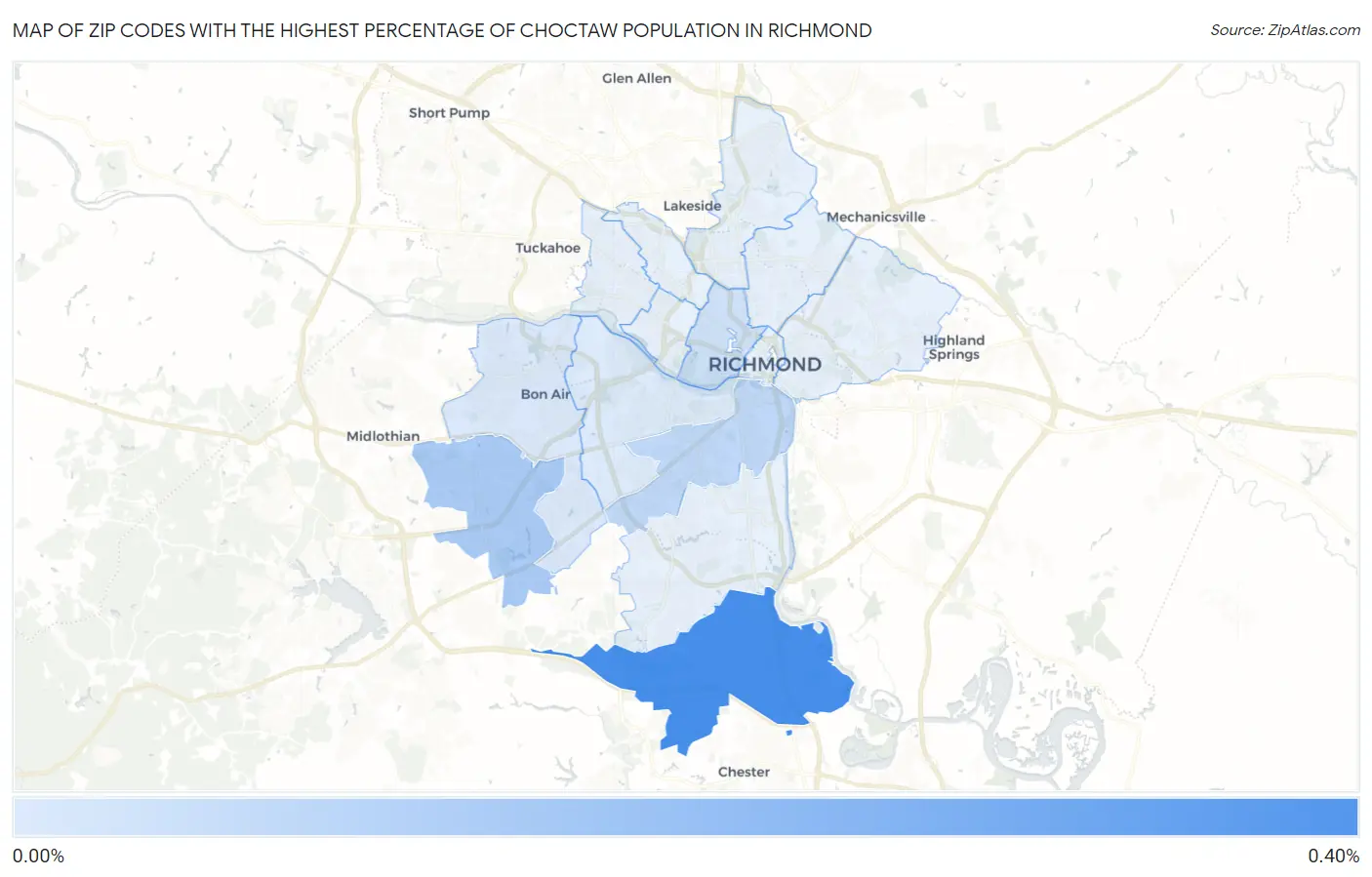 Zip Codes with the Highest Percentage of Choctaw Population in Richmond Map