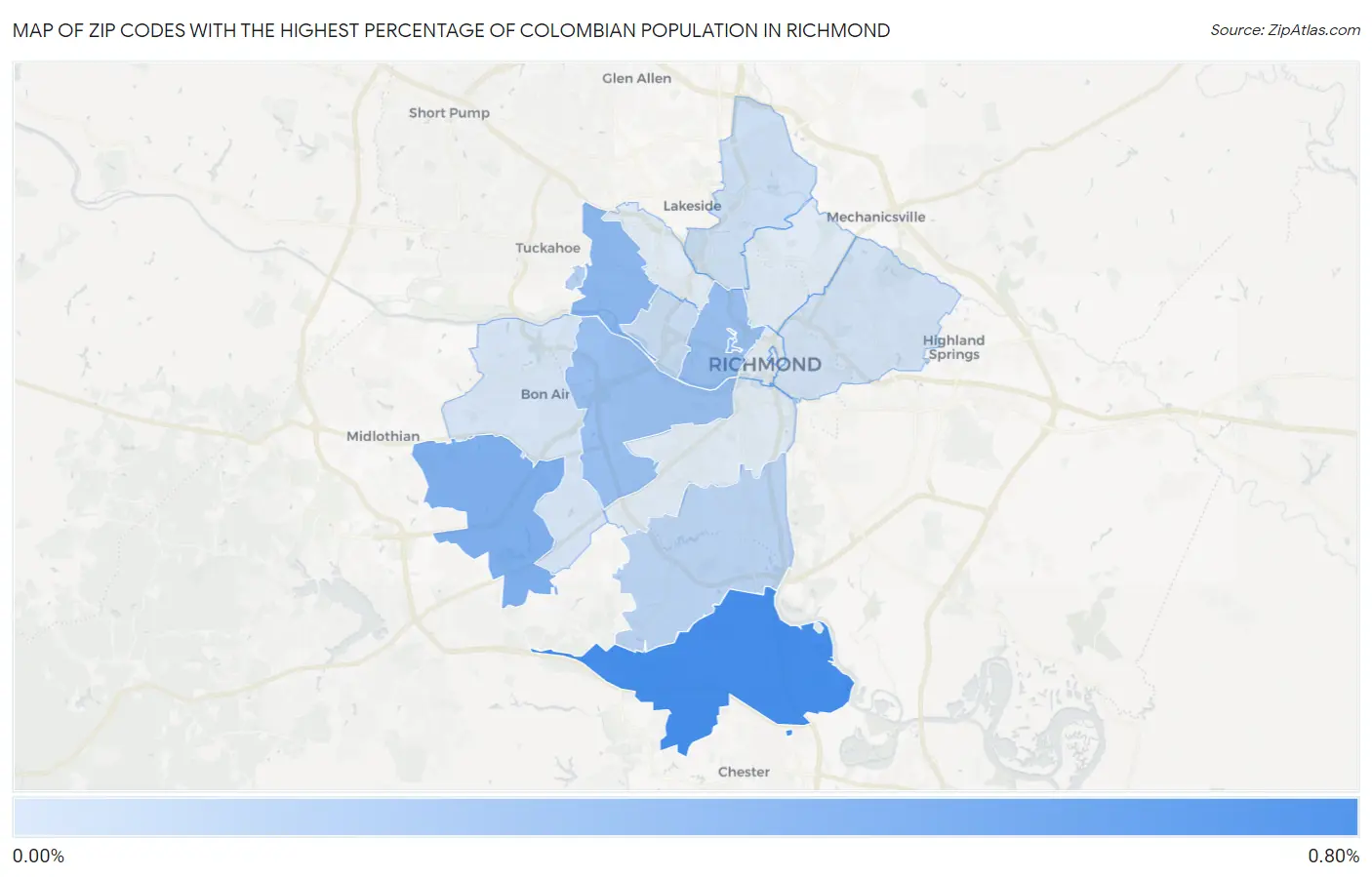 Zip Codes with the Highest Percentage of Colombian Population in Richmond Map
