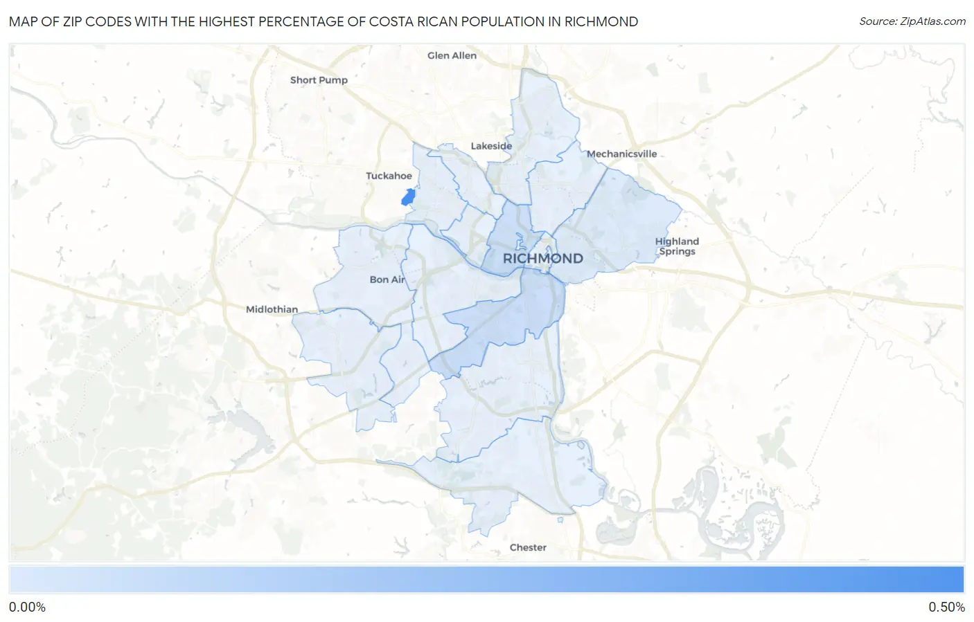 Zip Codes with the Highest Percentage of Costa Rican Population in Richmond Map