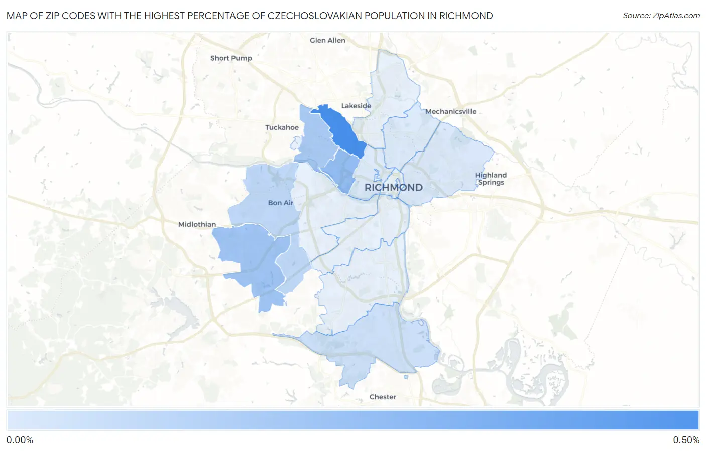 Zip Codes with the Highest Percentage of Czechoslovakian Population in Richmond Map