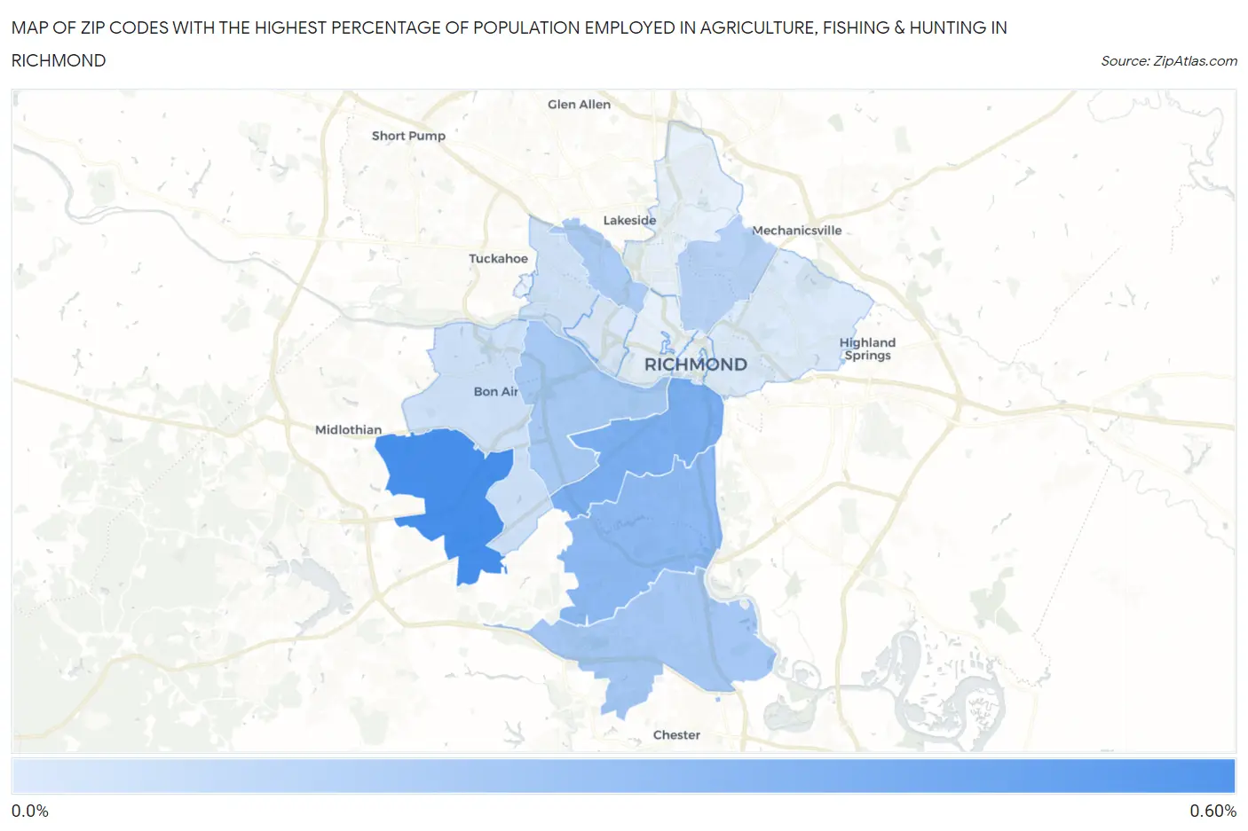Zip Codes with the Highest Percentage of Population Employed in Agriculture, Fishing & Hunting in Richmond Map