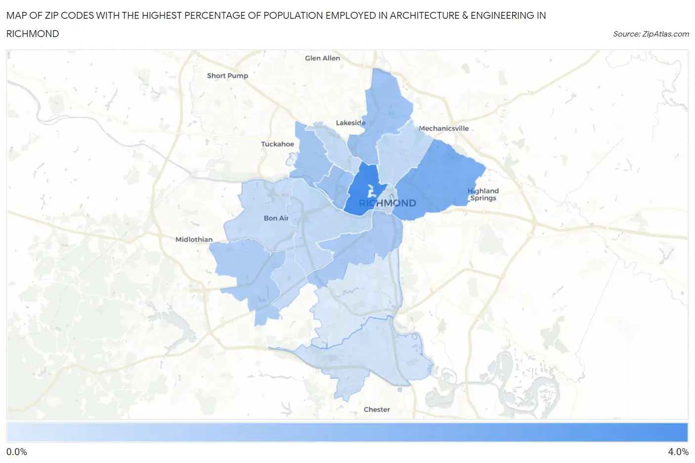 Zip Codes with the Highest Percentage of Population Employed in Architecture & Engineering in Richmond Map