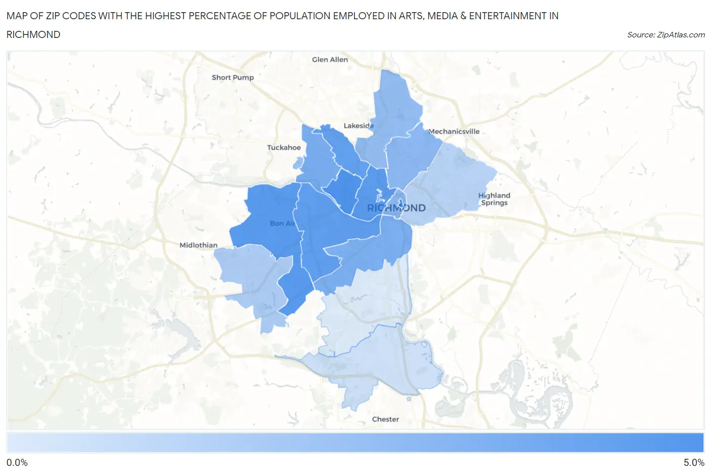 Zip Codes with the Highest Percentage of Population Employed in Arts, Media & Entertainment in Richmond Map