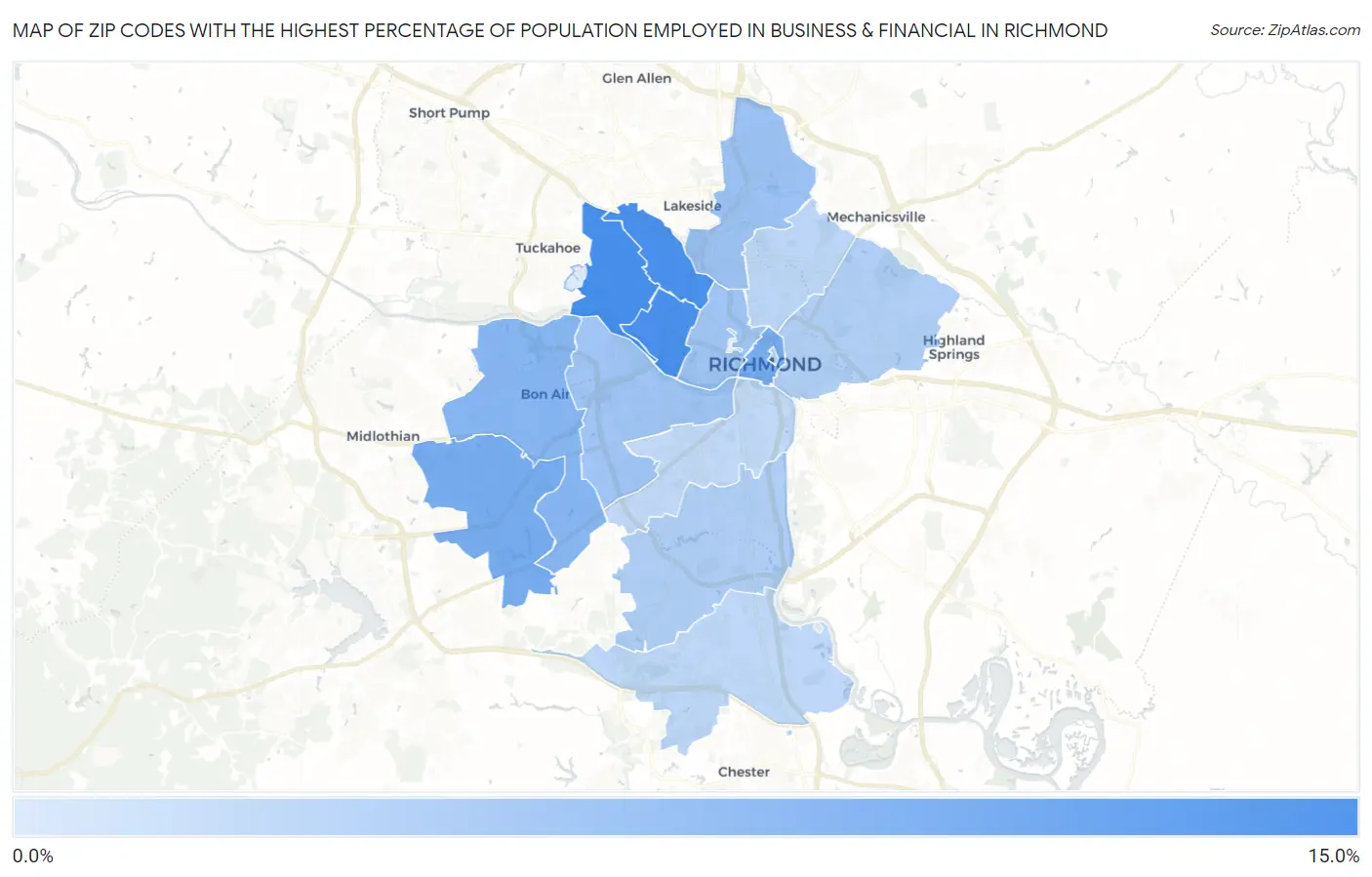 Zip Codes with the Highest Percentage of Population Employed in Business & Financial in Richmond Map