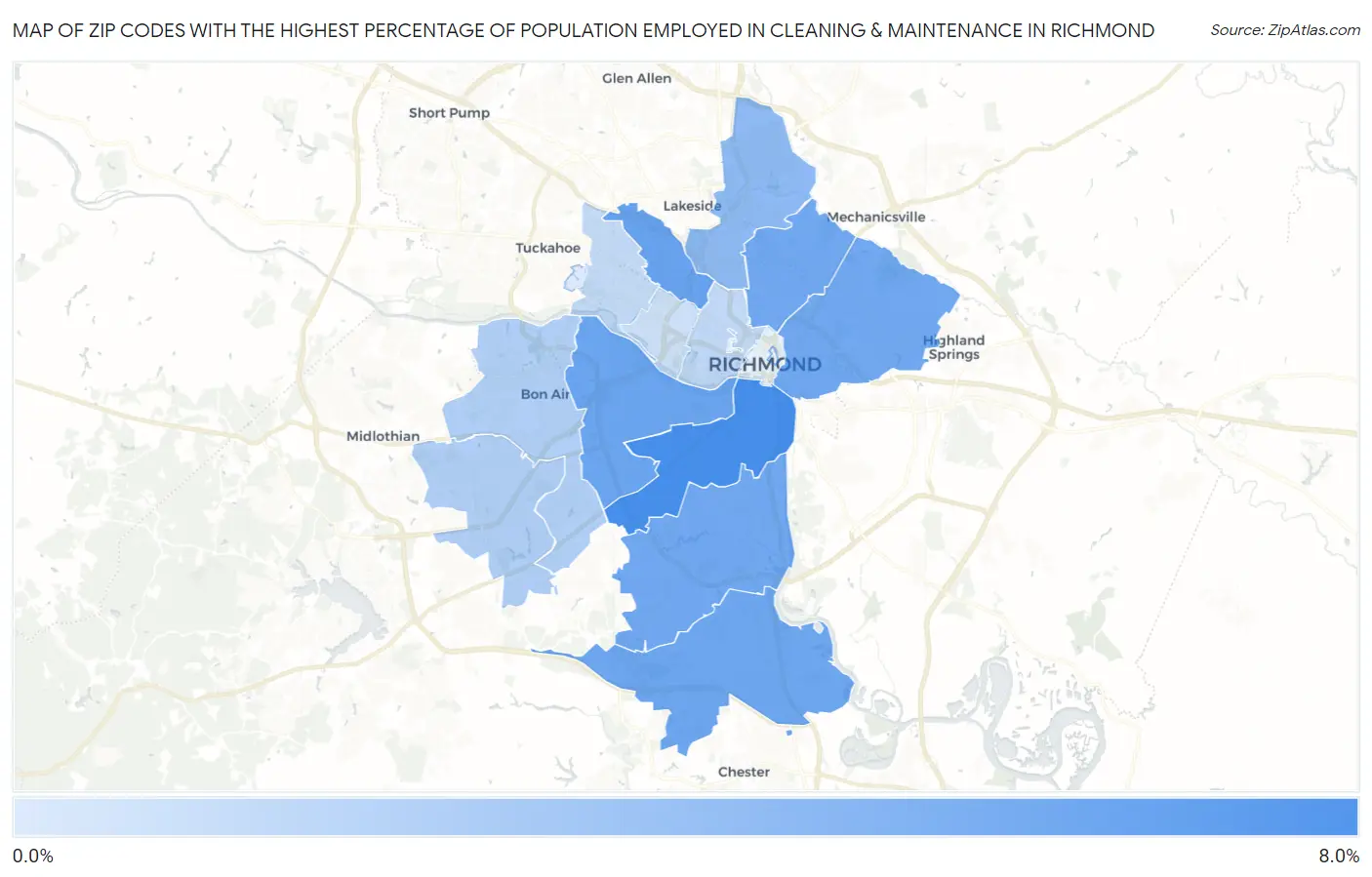 Zip Codes with the Highest Percentage of Population Employed in Cleaning & Maintenance in Richmond Map