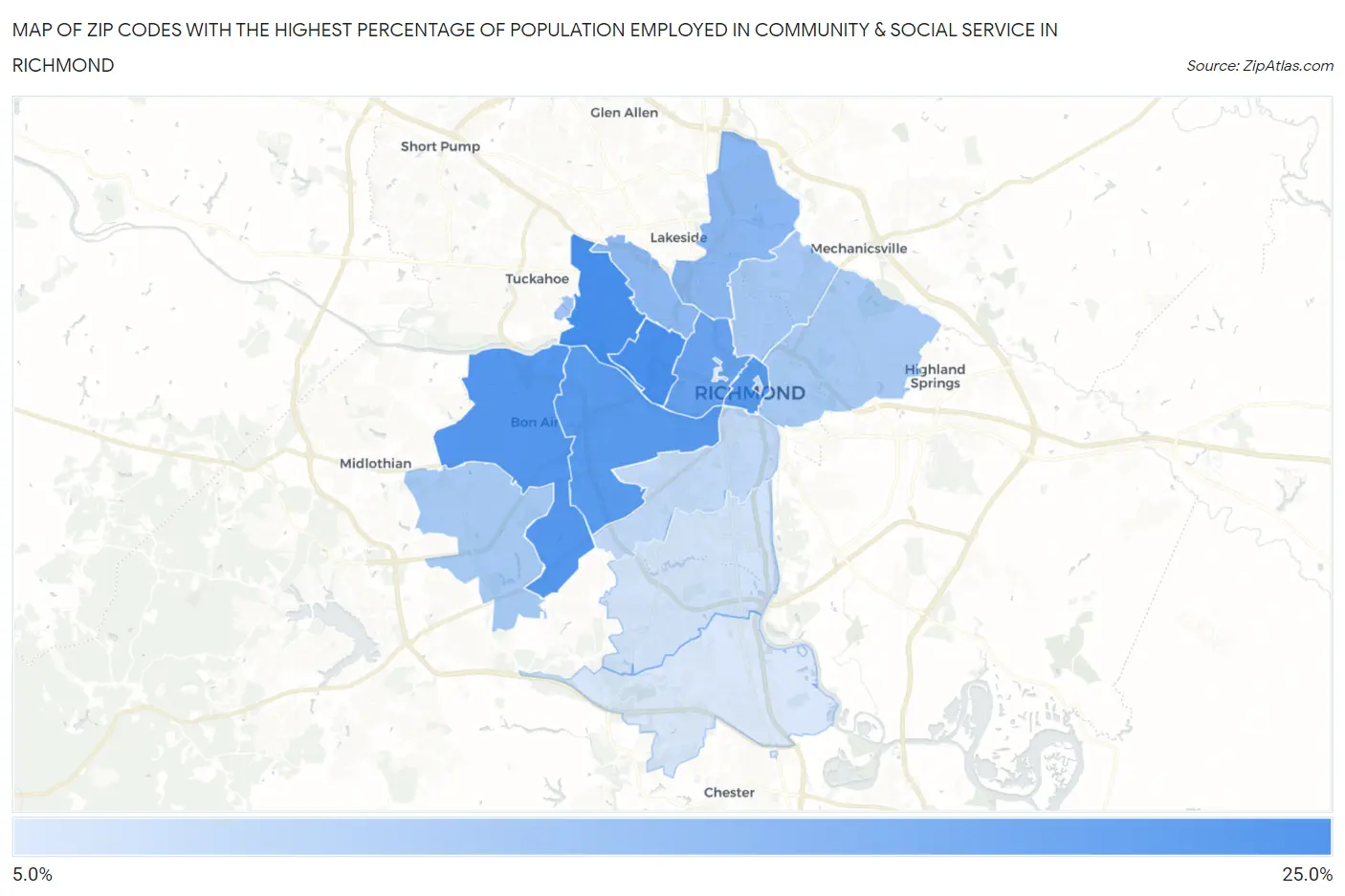 Zip Codes with the Highest Percentage of Population Employed in Community & Social Service  in Richmond Map
