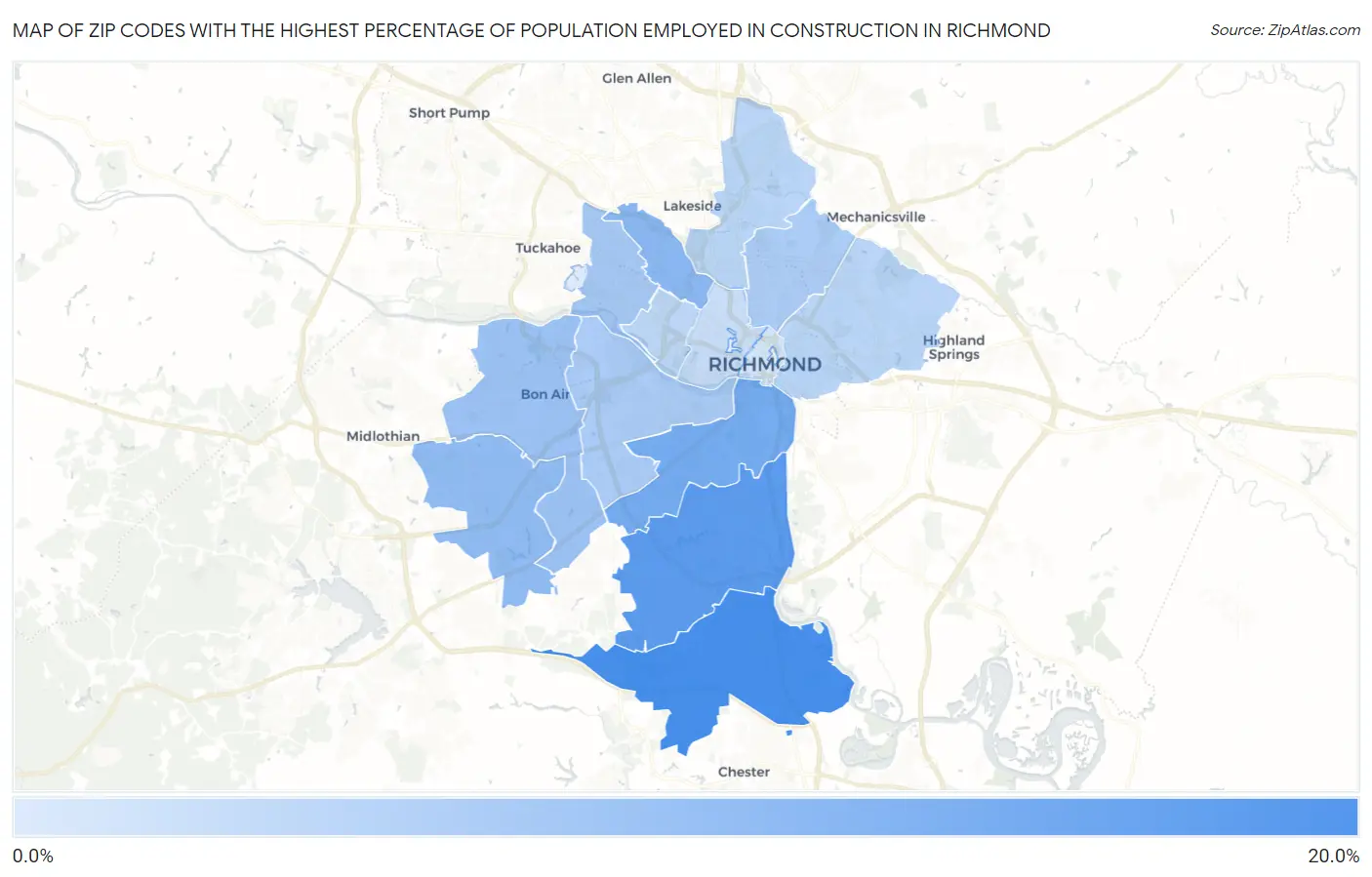 Zip Codes with the Highest Percentage of Population Employed in Construction in Richmond Map