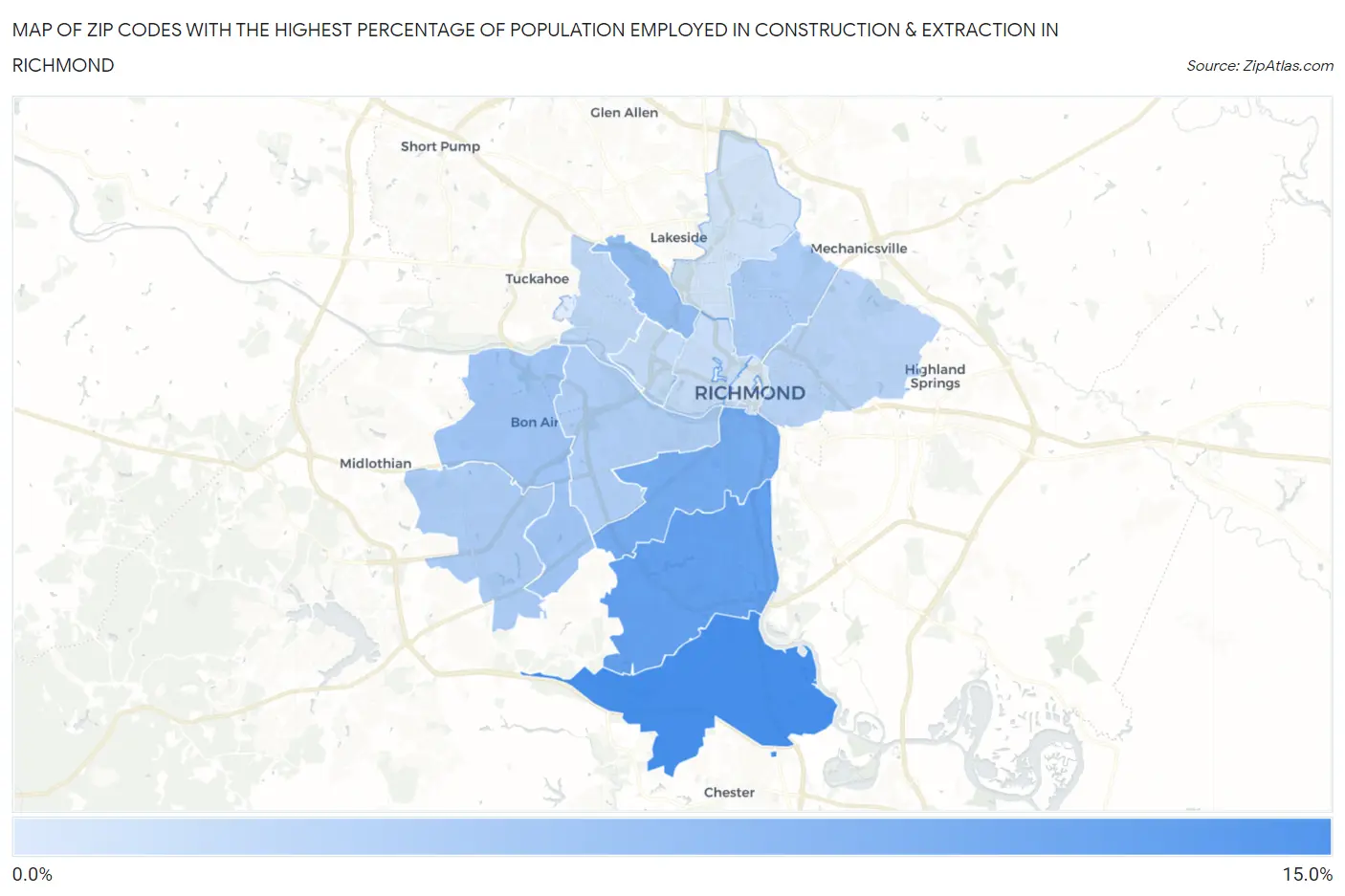 Zip Codes with the Highest Percentage of Population Employed in Construction & Extraction in Richmond Map