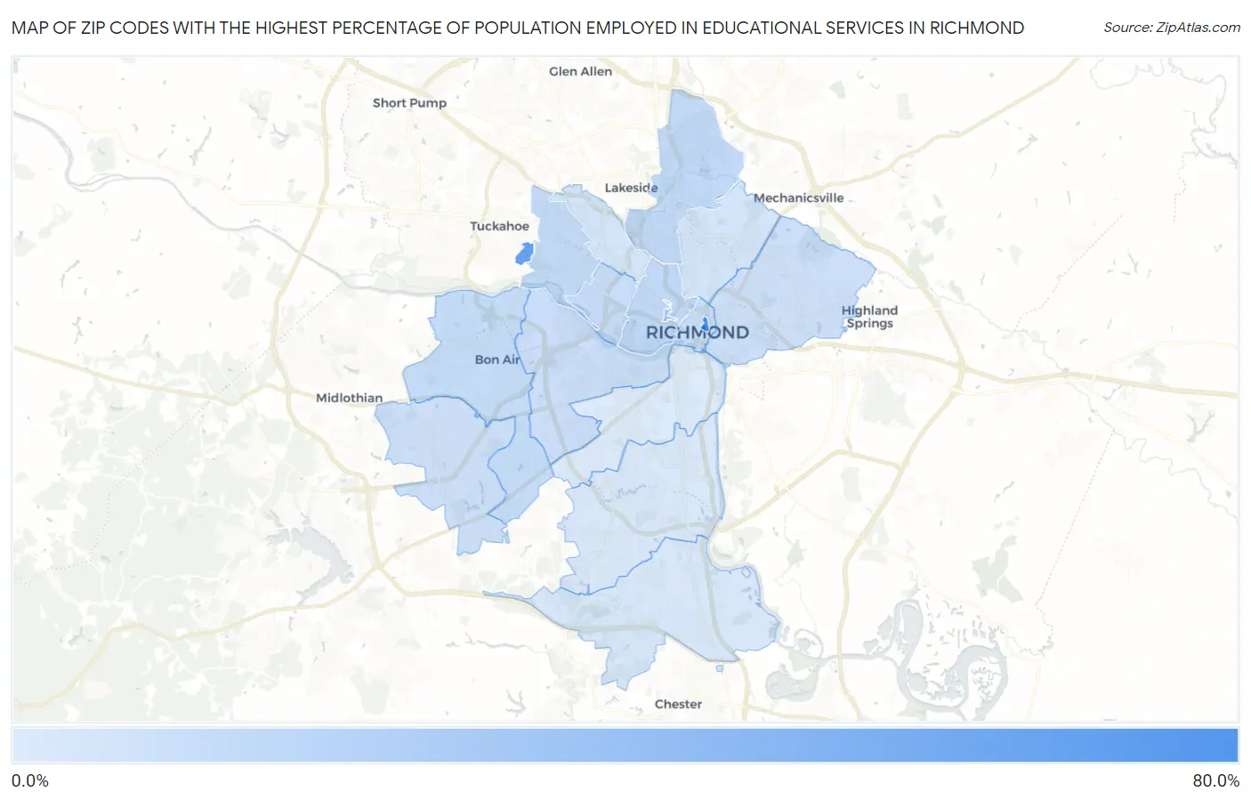 Zip Codes with the Highest Percentage of Population Employed in Educational Services in Richmond Map