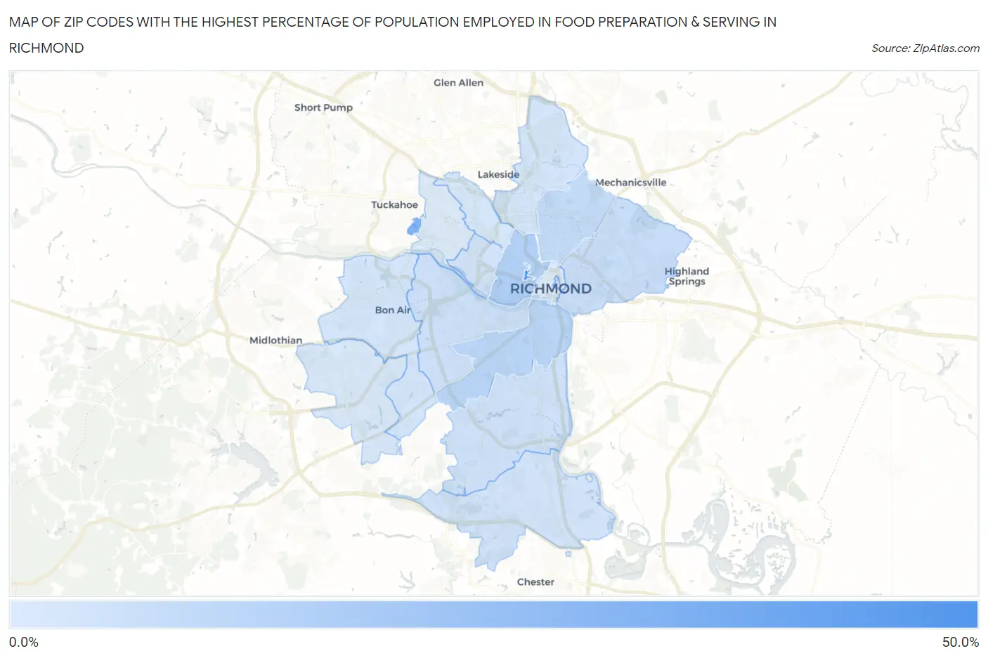 Zip Codes with the Highest Percentage of Population Employed in Food Preparation & Serving in Richmond Map