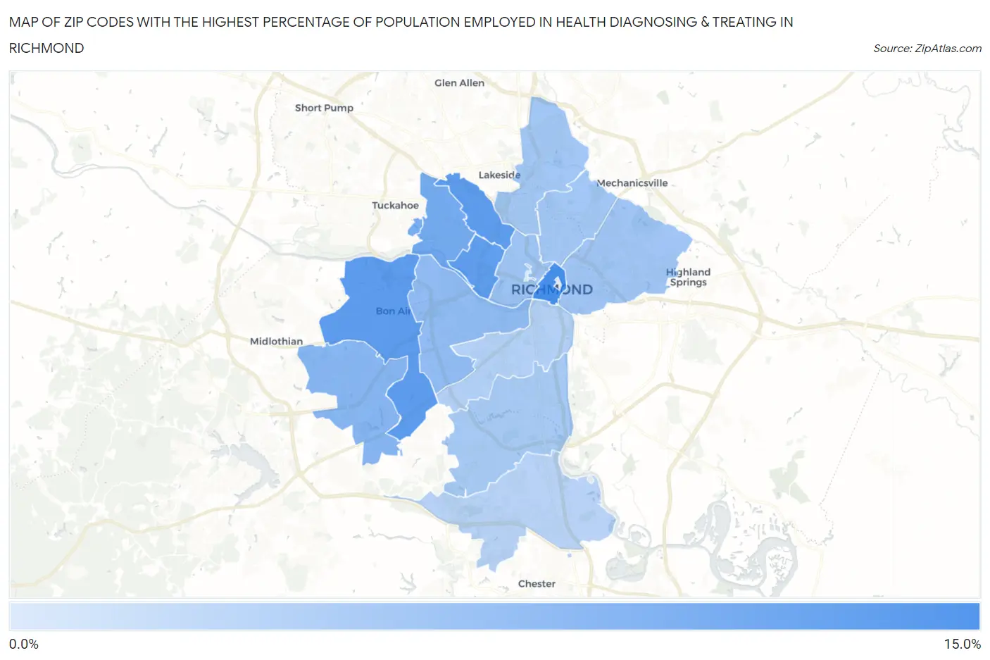 Zip Codes with the Highest Percentage of Population Employed in Health Diagnosing & Treating in Richmond Map