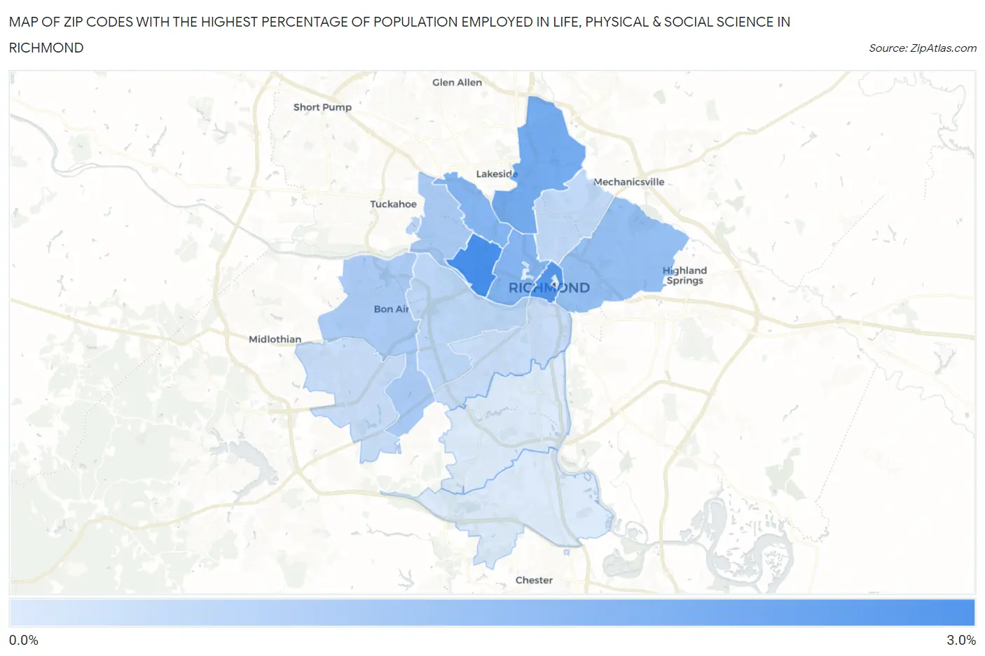 Zip Codes with the Highest Percentage of Population Employed in Life, Physical & Social Science in Richmond Map