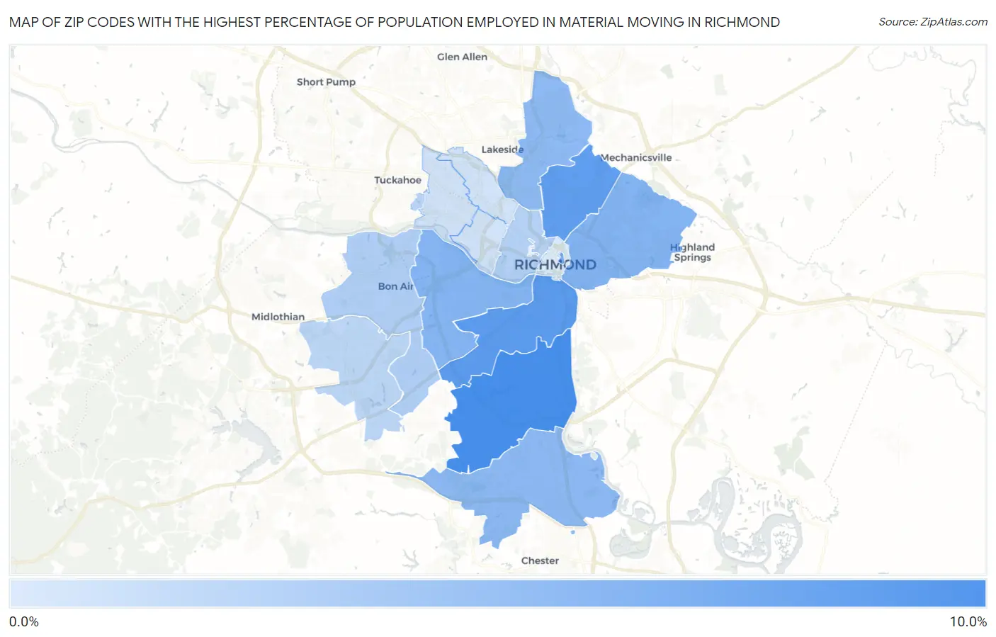 Zip Codes with the Highest Percentage of Population Employed in Material Moving in Richmond Map