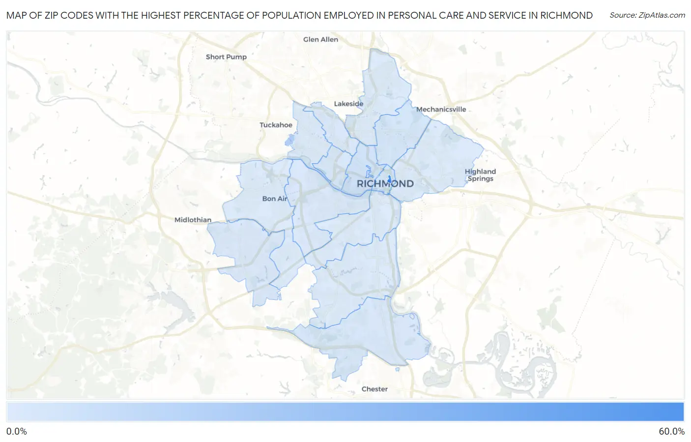 Zip Codes with the Highest Percentage of Population Employed in Personal Care and Service in Richmond Map