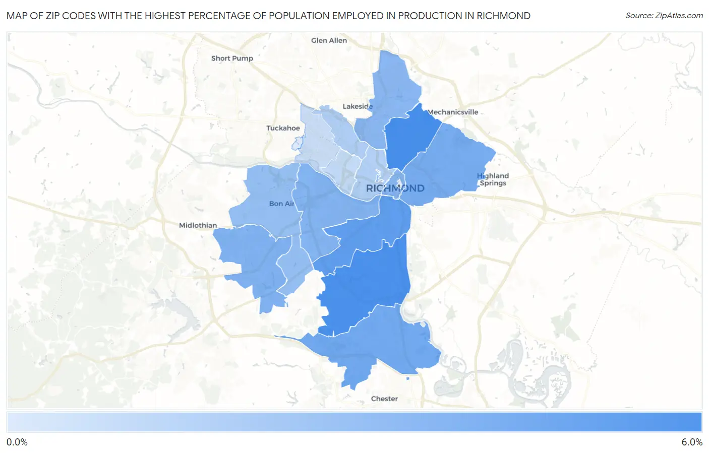 Zip Codes with the Highest Percentage of Population Employed in Production in Richmond Map