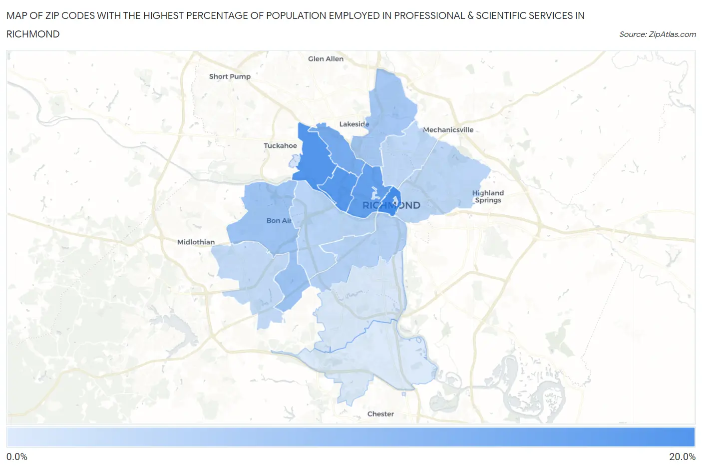 Zip Codes with the Highest Percentage of Population Employed in Professional & Scientific Services in Richmond Map