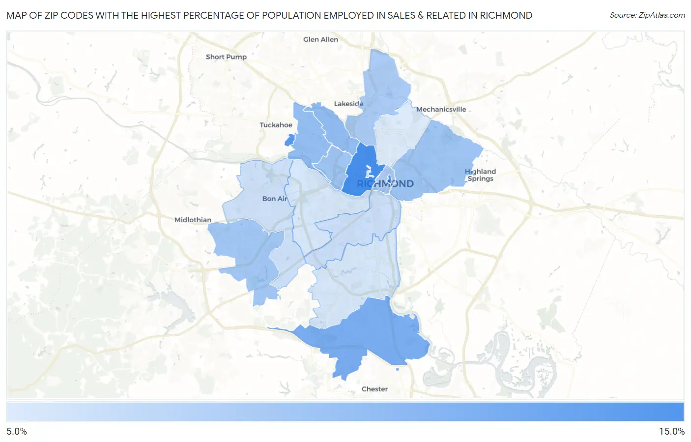 Zip Codes with the Highest Percentage of Population Employed in Sales & Related in Richmond Map