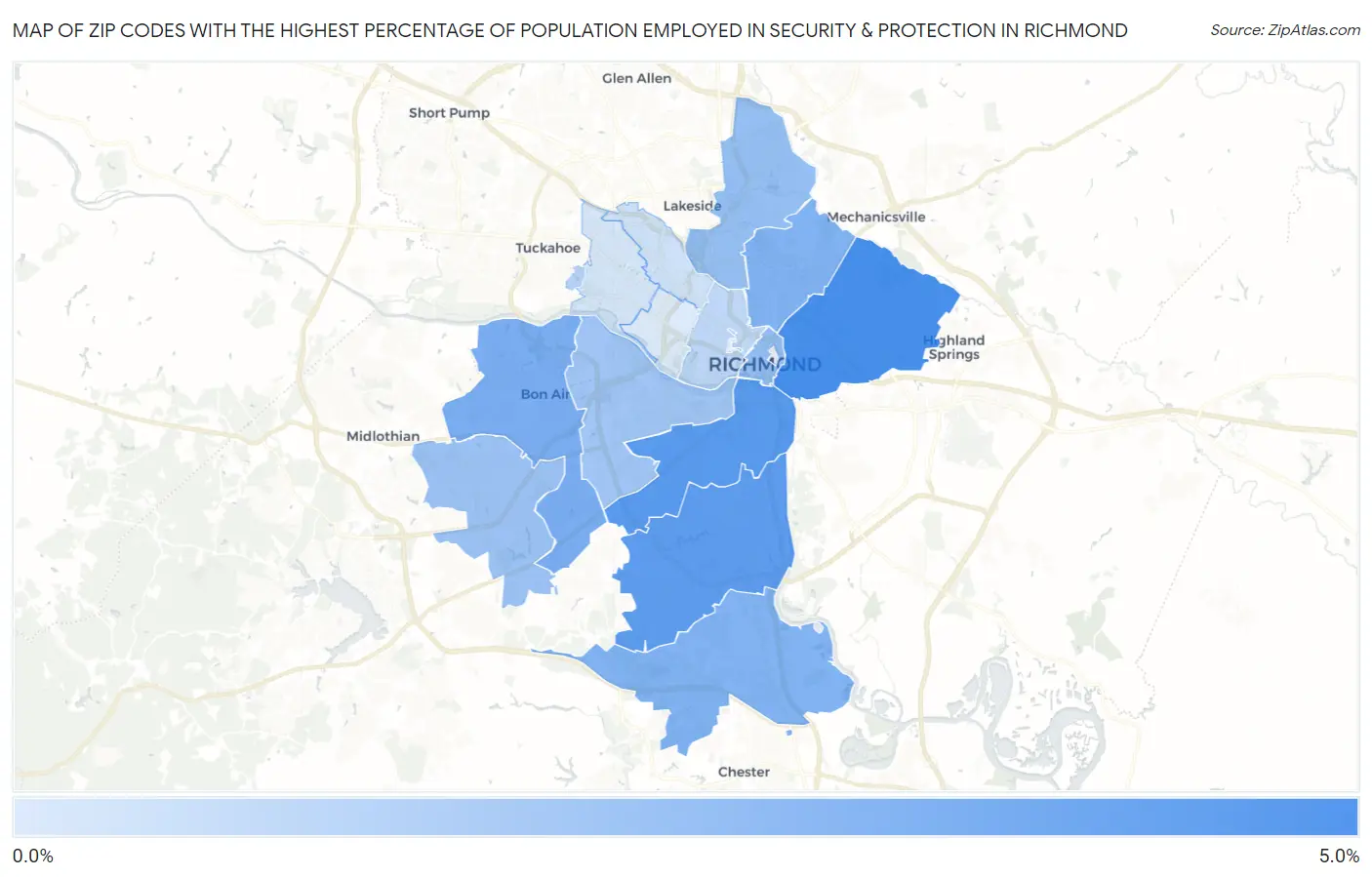 Zip Codes with the Highest Percentage of Population Employed in Security & Protection in Richmond Map
