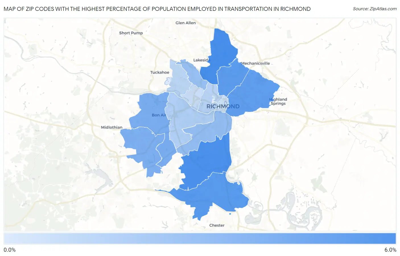 Zip Codes with the Highest Percentage of Population Employed in Transportation in Richmond Map