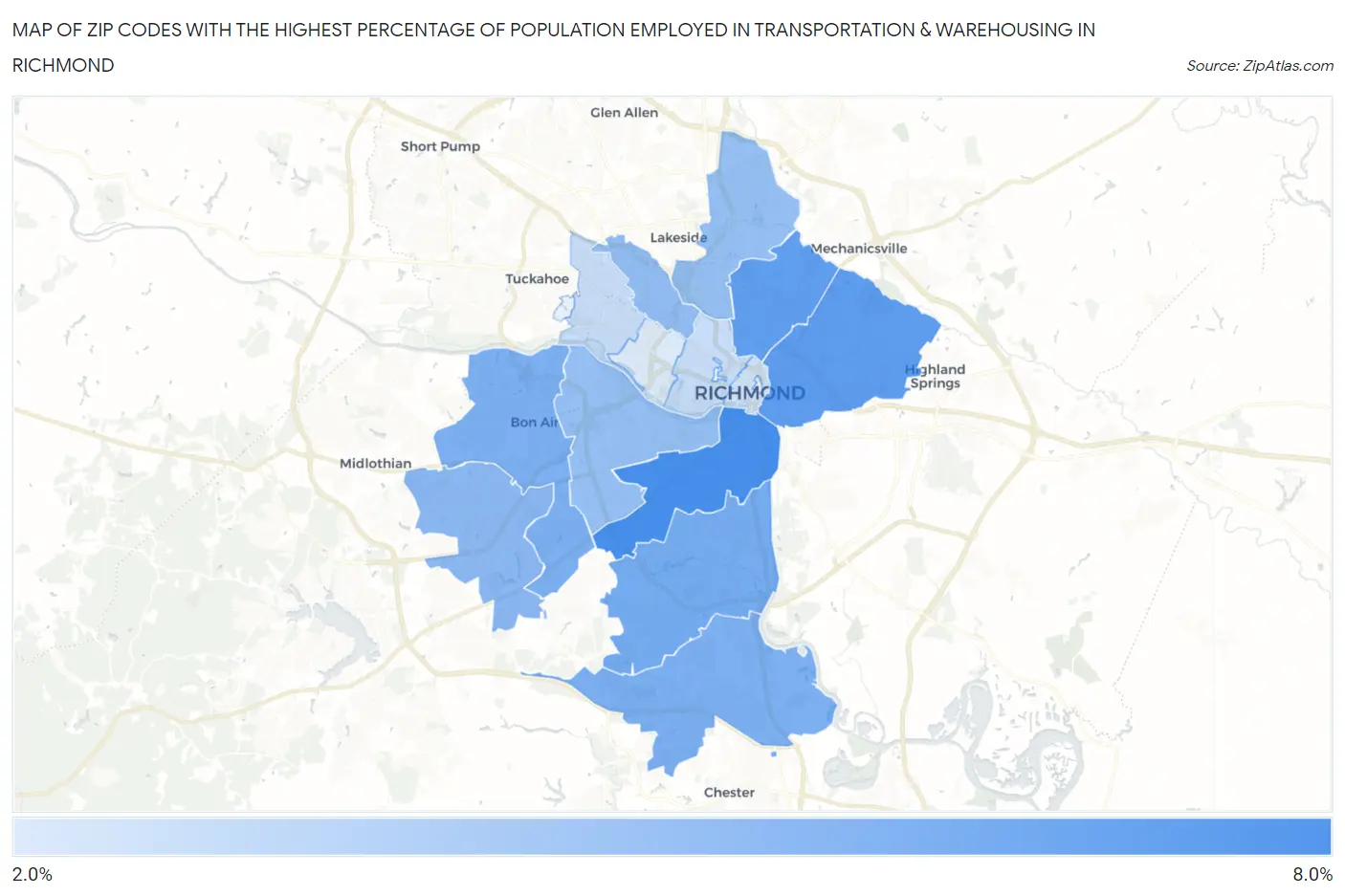 Zip Codes with the Highest Percentage of Population Employed in Transportation & Warehousing in Richmond Map