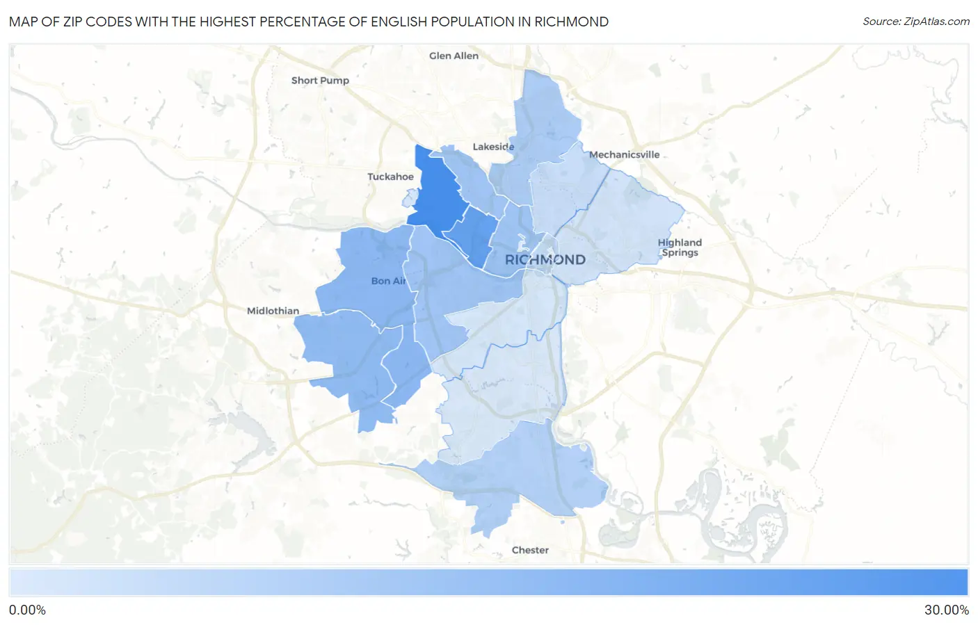 Zip Codes with the Highest Percentage of English Population in Richmond Map
