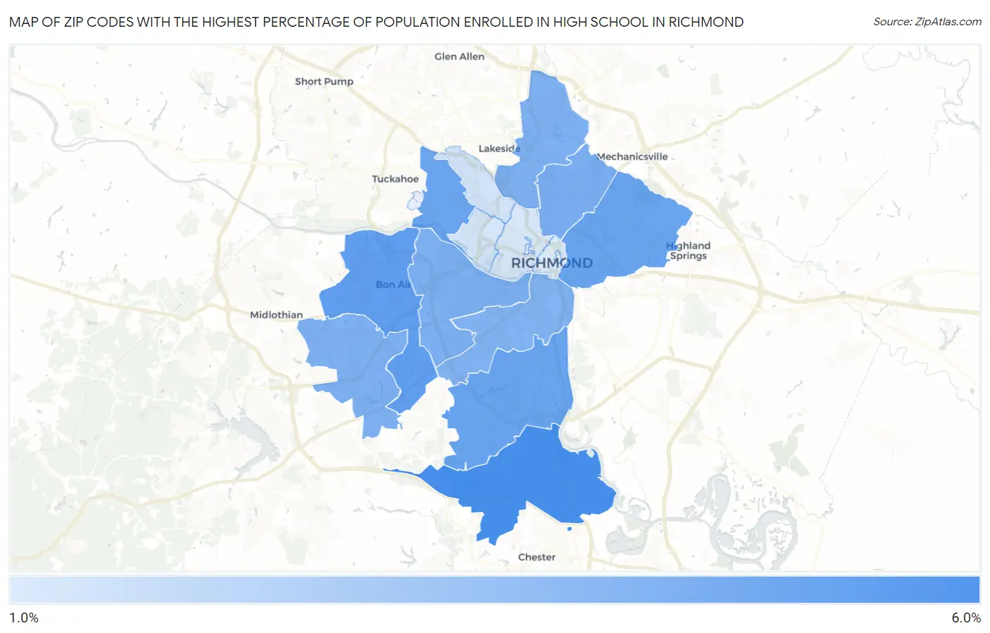 Zip Codes with the Highest Percentage of Population Enrolled in High School in Richmond Map