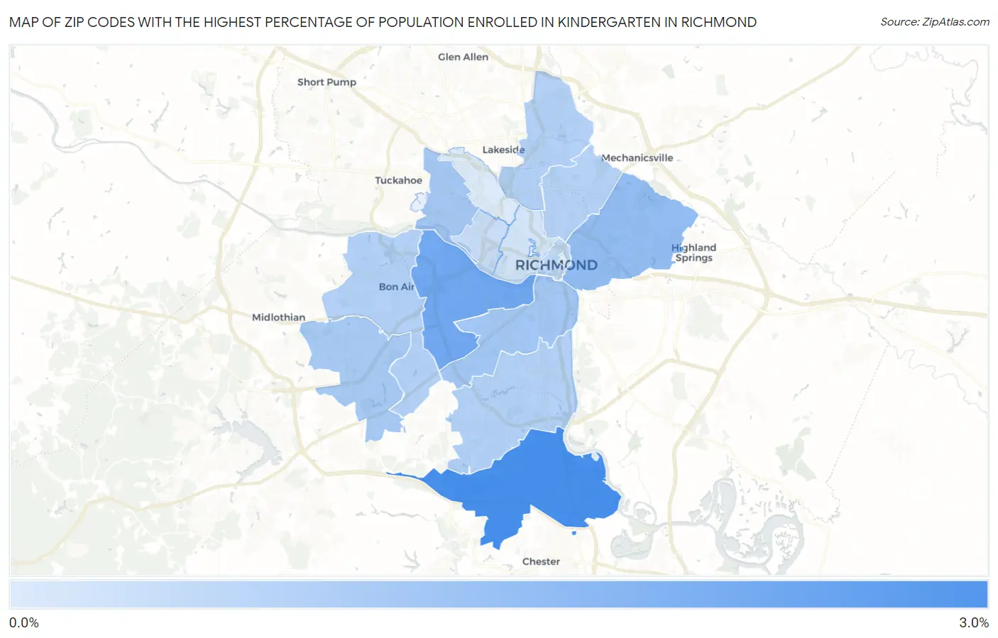 Zip Codes with the Highest Percentage of Population Enrolled in Kindergarten in Richmond Map