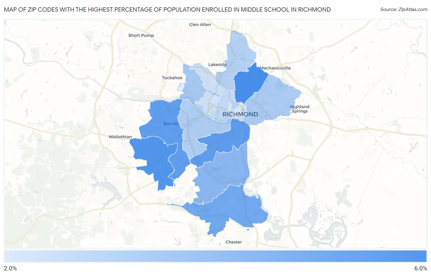 Zip Codes with the Highest Percentage of Population Enrolled in Middle School in Richmond Map