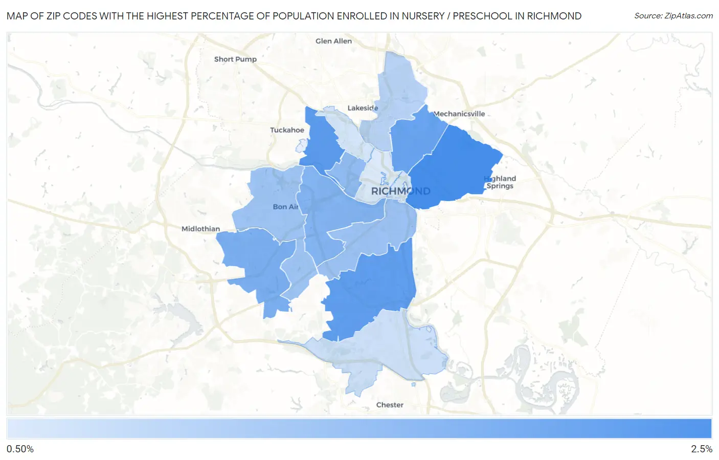 Zip Codes with the Highest Percentage of Population Enrolled in Nursery / Preschool in Richmond Map