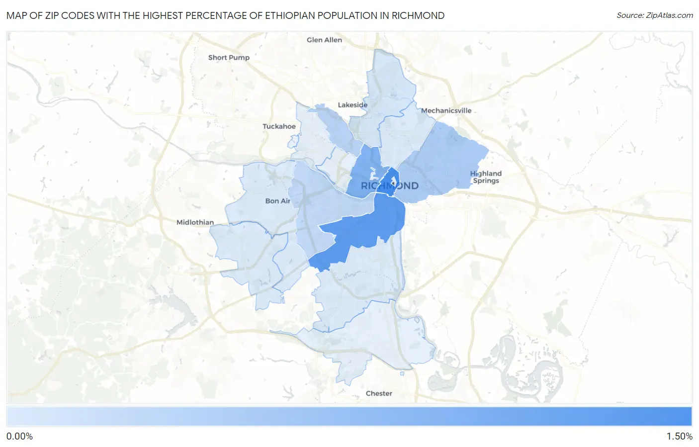 Zip Codes with the Highest Percentage of Ethiopian Population in Richmond Map