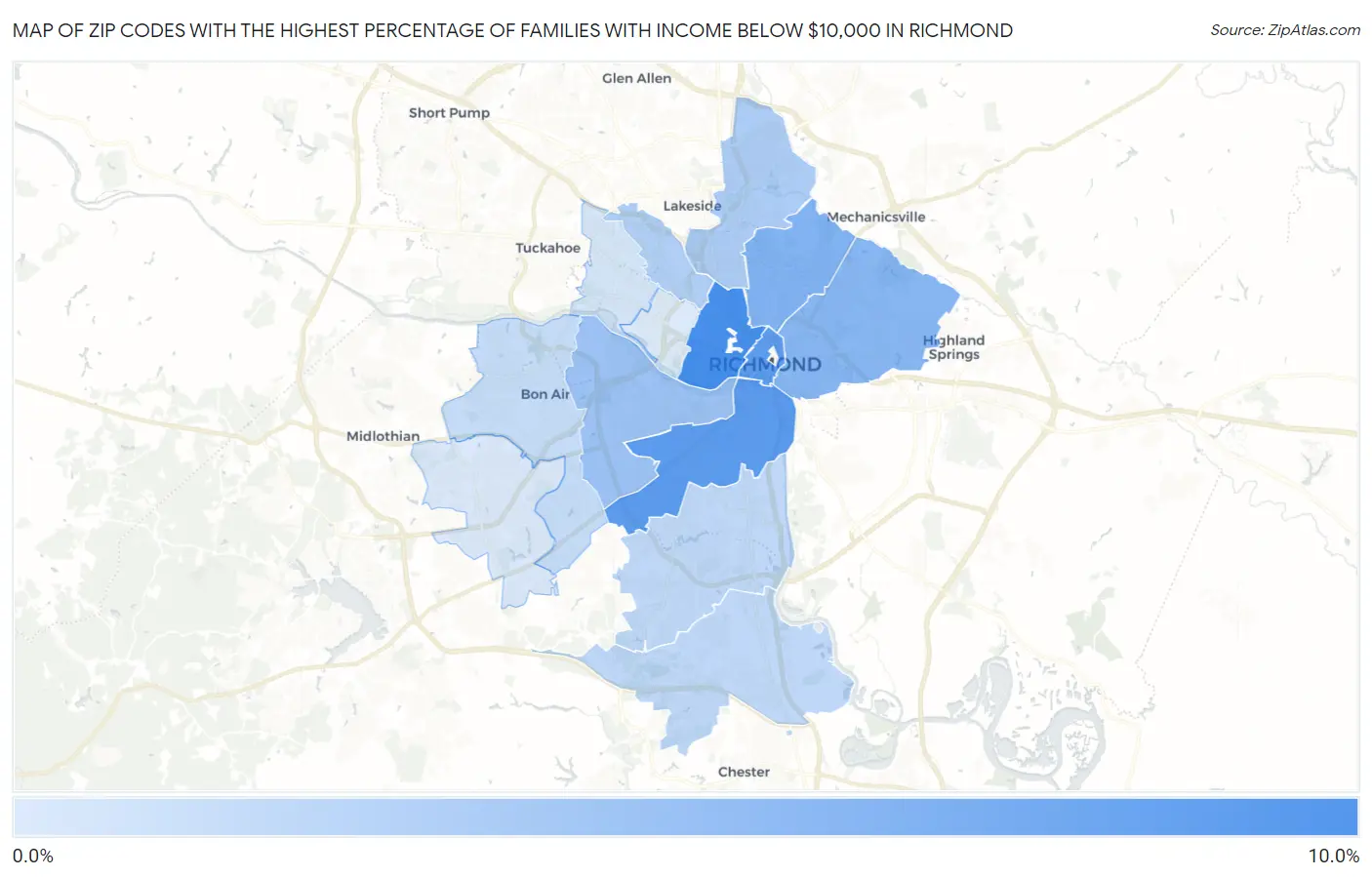 Zip Codes with the Highest Percentage of Families with Income Below $10,000 in Richmond Map