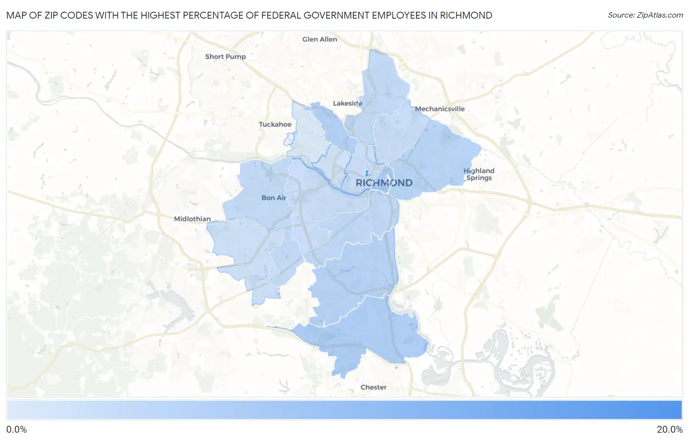 Zip Codes with the Highest Percentage of Federal Government Employees in Richmond Map